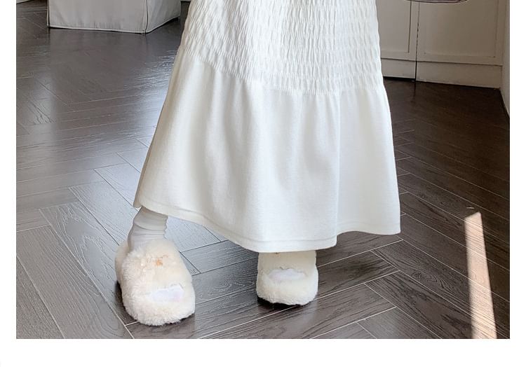 Solid Ruched Knit Midi A-Line Skirt High Rise