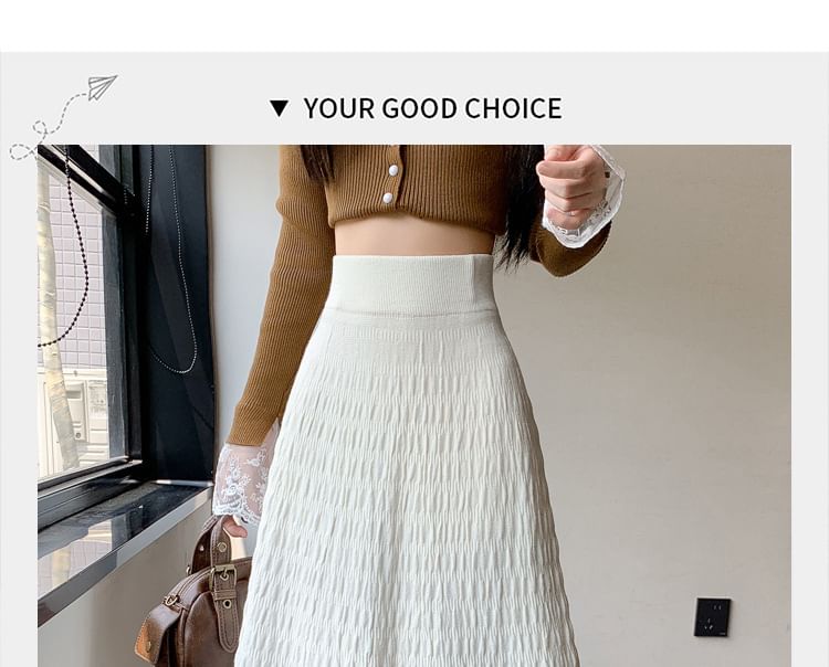 Solid Ruched Knit Midi A-Line Skirt High Rise