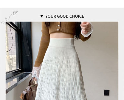 Solid Ruched Knit Midi A-Line Skirt High Rise