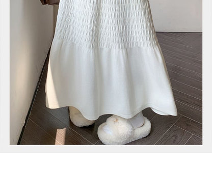 Solid Ruched Knit Midi A-Line Skirt High Rise
