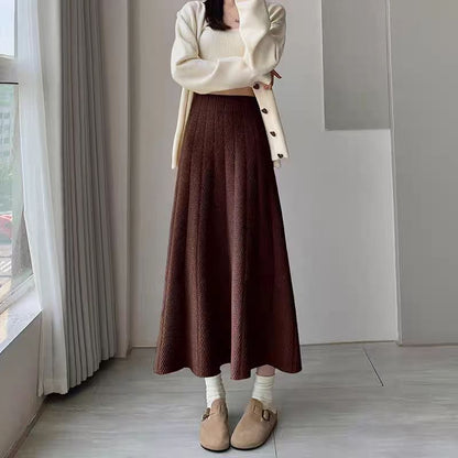 Solid Knit Midi A-Line Skirt High Rise