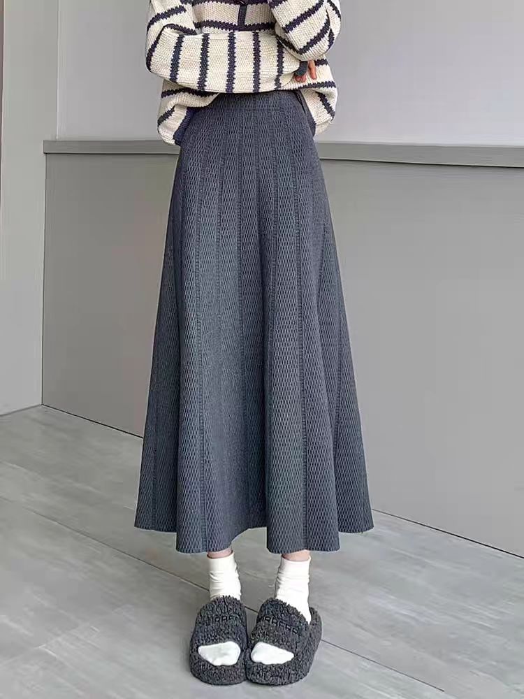 Solid Knit Midi A-Line Skirt High Rise