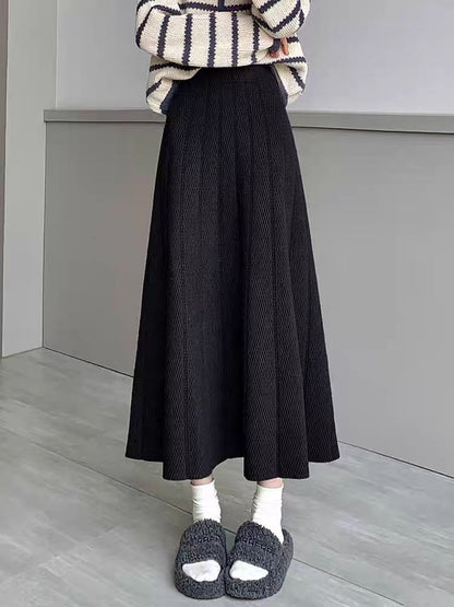 Solid Knit Midi A-Line Skirt High Rise