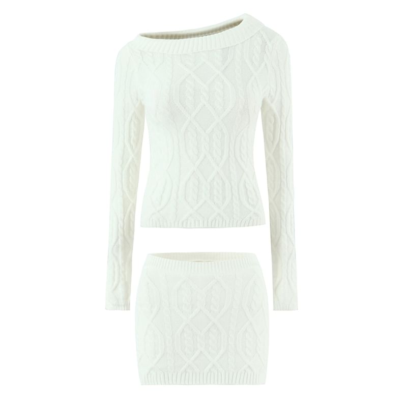 One-Shoulder Cable-Knit Sweater & Mini Pencil Skirt Set