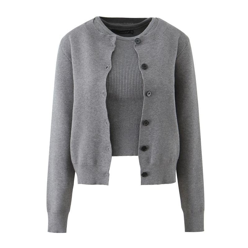 Crew Neck Ribbed Tank & Cardigan & Mini A-Line Skirt Set