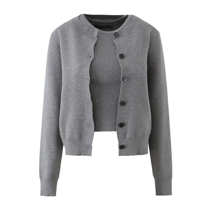 Crew Neck Ribbed Tank & Cardigan & Mini A-Line Skirt Set