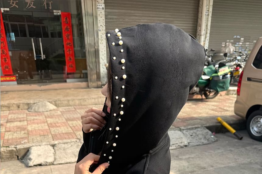 Zip-Up Hoodie with Faux Pearl Embellishments