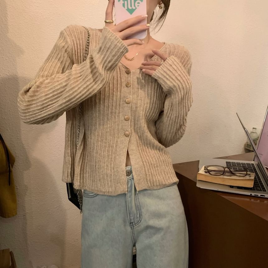 V-Neck Plain Ribbed Cardigan
