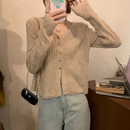 V-Neck Plain Ribbed Cardigan