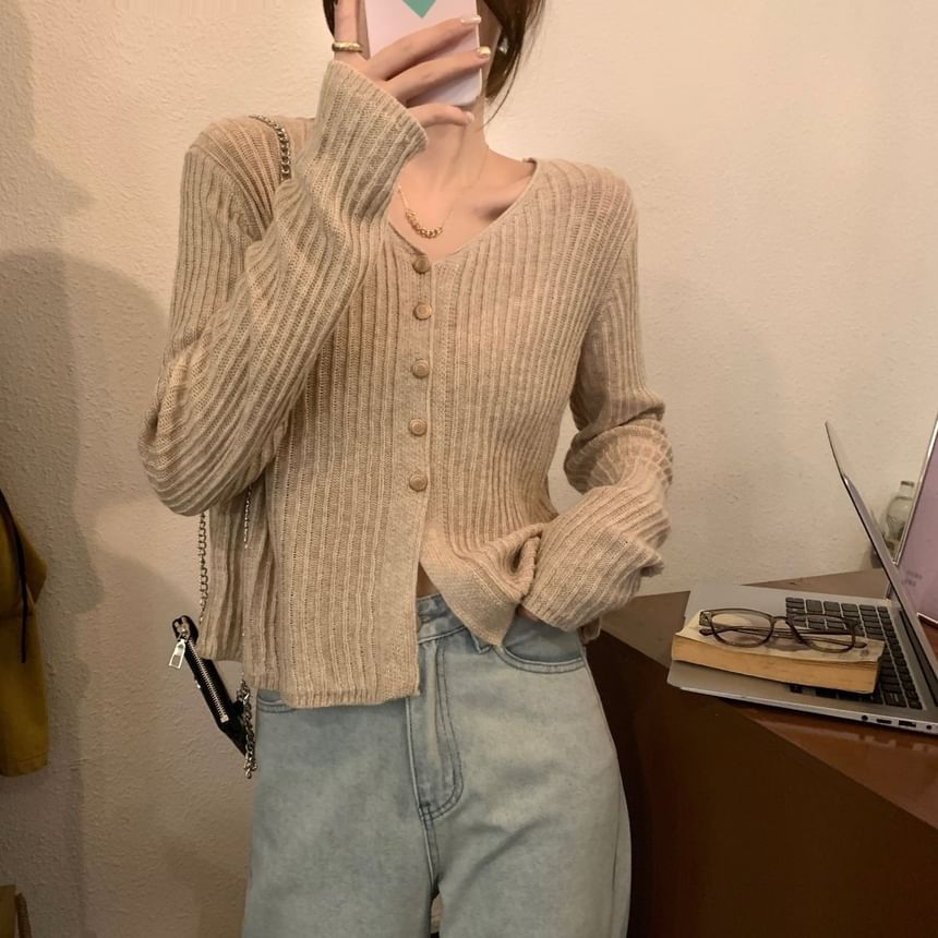 V-Neck Plain Ribbed Cardigan