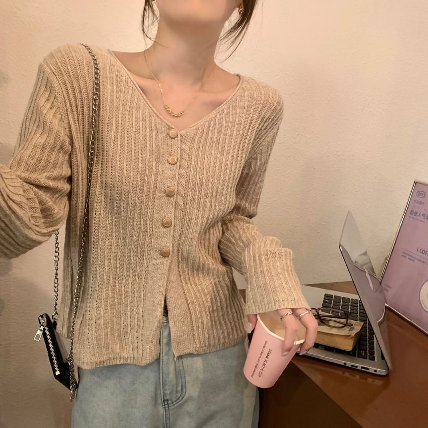 V-Neck Plain Ribbed Cardigan