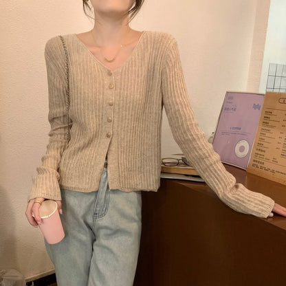 V-Neck Plain Ribbed Cardigan