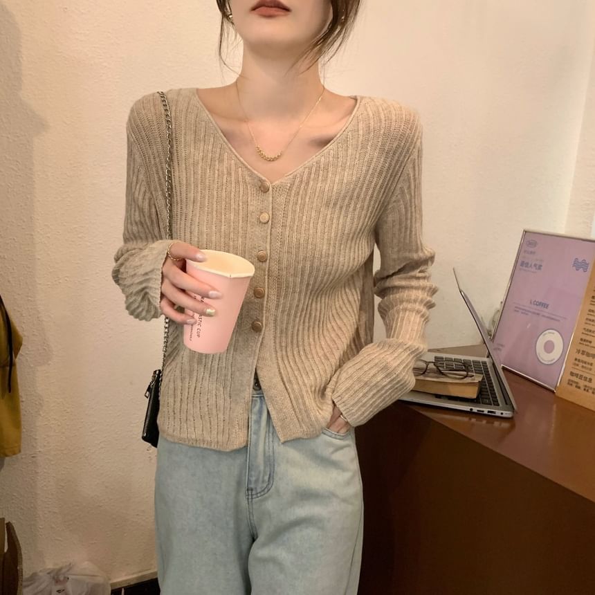 V-Neck Plain Ribbed Cardigan