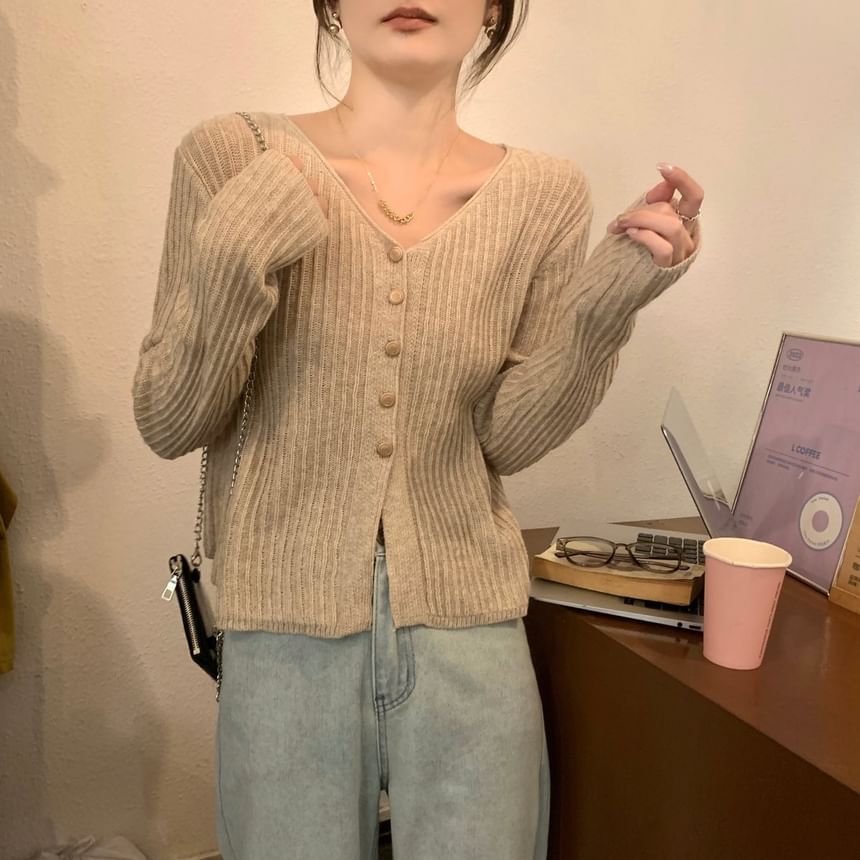V-Neck Plain Ribbed Cardigan