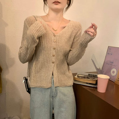 V-Neck Plain Ribbed Cardigan