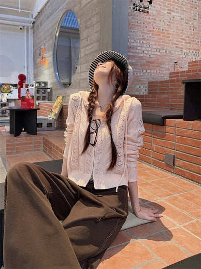 Plain Hood Pointelle Cable Knit Zip Cardigan / Mid Rise Contrast Stitch Wide Leg Jeans