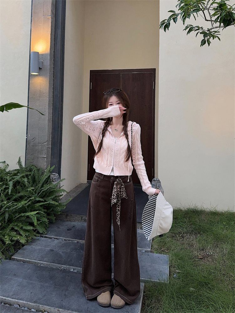 Plain Hood Pointelle Cable Knit Zip Cardigan / Mid Rise Contrast Stitch Wide Leg Jeans