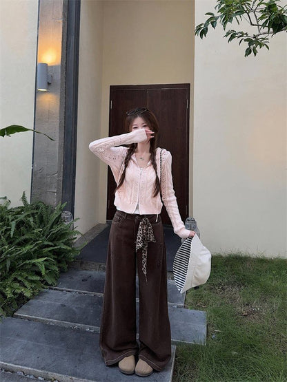 Plain Hood Pointelle Cable Knit Zip Cardigan / Mid Rise Contrast Stitch Wide Leg Jeans