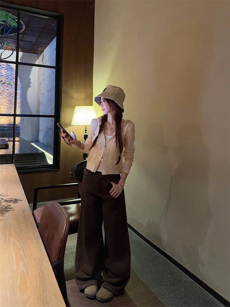 Plain Hood Pointelle Cable Knit Zip Cardigan / Mid Rise Contrast Stitch Wide Leg Jeans