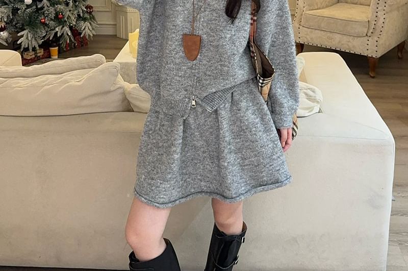 Set: Round Neck Plain Zip Cardigan + High Rise Knit Mini A-Line Skirt