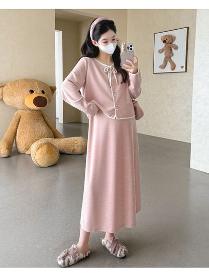 Round Neck Contrast Trim Cardigan & High Waist Midi Skirt Set