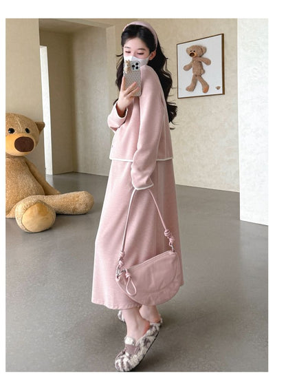 Round Neck Contrast Trim Cardigan & High Waist Midi Skirt Set