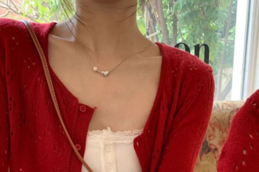 Crew Neck Perforated Button-Up Plain Crop Cardigan