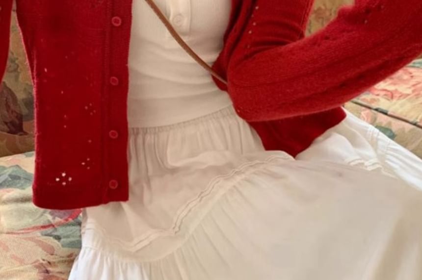 Crew Neck Perforated Button-Up Plain Crop Cardigan