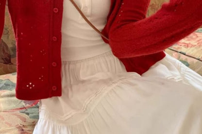 Crew Neck Perforated Button-Up Plain Crop Cardigan