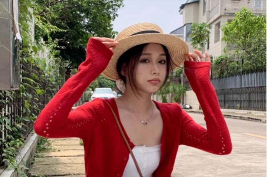 Crew Neck Perforated Button-Up Plain Crop Cardigan