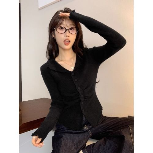 Split Neck Lettuce Edge Ruched Button-Up Plain Crop Cardigan