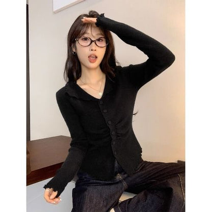 Split Neck Lettuce Edge Ruched Button-Up Plain Crop Cardigan