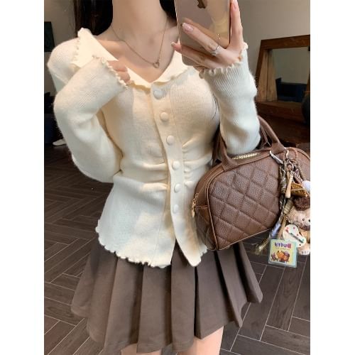Split Neck Lettuce Edge Ruched Button-Up Plain Crop Cardigan