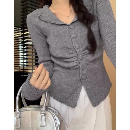 Split Neck Lettuce Edge Ruched Button-Up Plain Crop Cardigan
