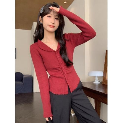 Split Neck Lettuce Edge Ruched Button-Up Plain Crop Cardigan