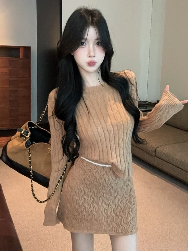 Long-Sleeve Round Neck Cable Knit Top & High Rise Mini Skirt Set