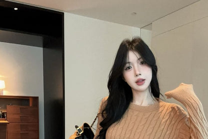 Long-Sleeve Round Neck Cable Knit Top & High Rise Mini Skirt Set