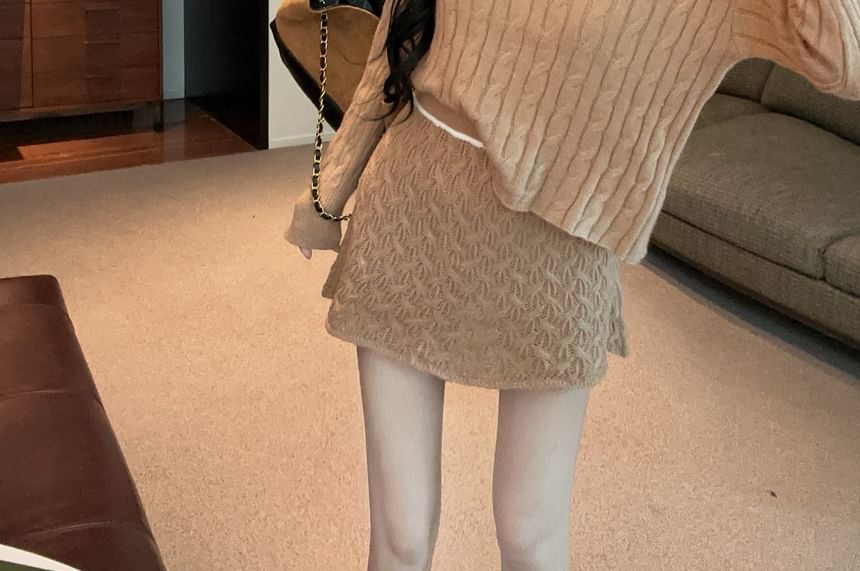 Long-Sleeve Round Neck Cable Knit Top & High Rise Mini Skirt Set