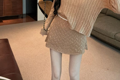 Long-Sleeve Round Neck Cable Knit Top & High Rise Mini Skirt Set