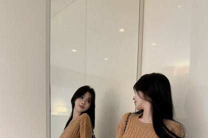 Long-Sleeve Round Neck Cable Knit Top & High Rise Mini Skirt Set