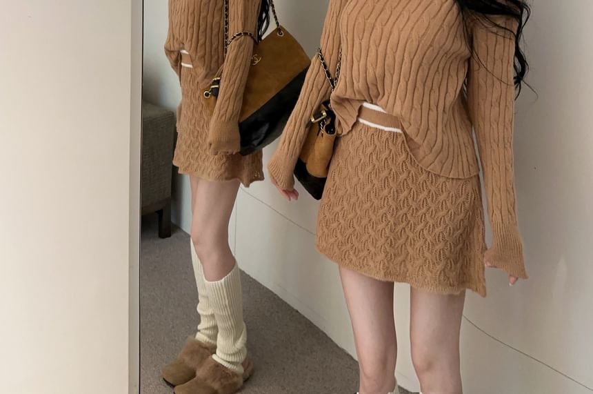 Long-Sleeve Round Neck Cable Knit Top & High Rise Mini Skirt Set