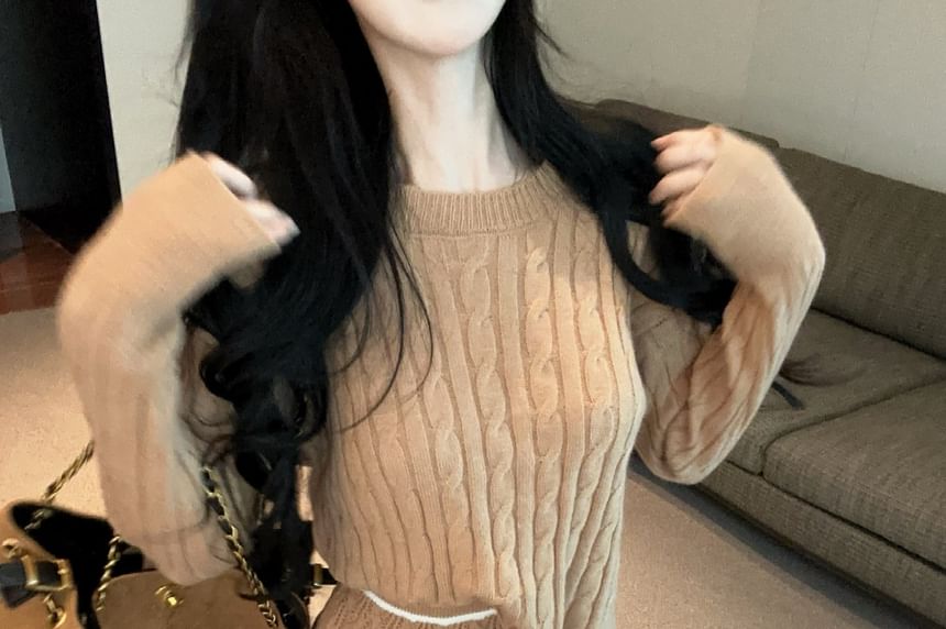Long-Sleeve Round Neck Cable Knit Top & High Rise Mini Skirt Set