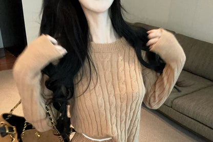 Long-Sleeve Round Neck Cable Knit Top & High Rise Mini Skirt Set