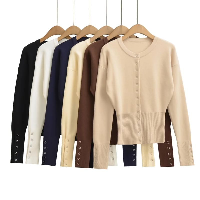 Crew Neck Button-Up Plain Cardigan