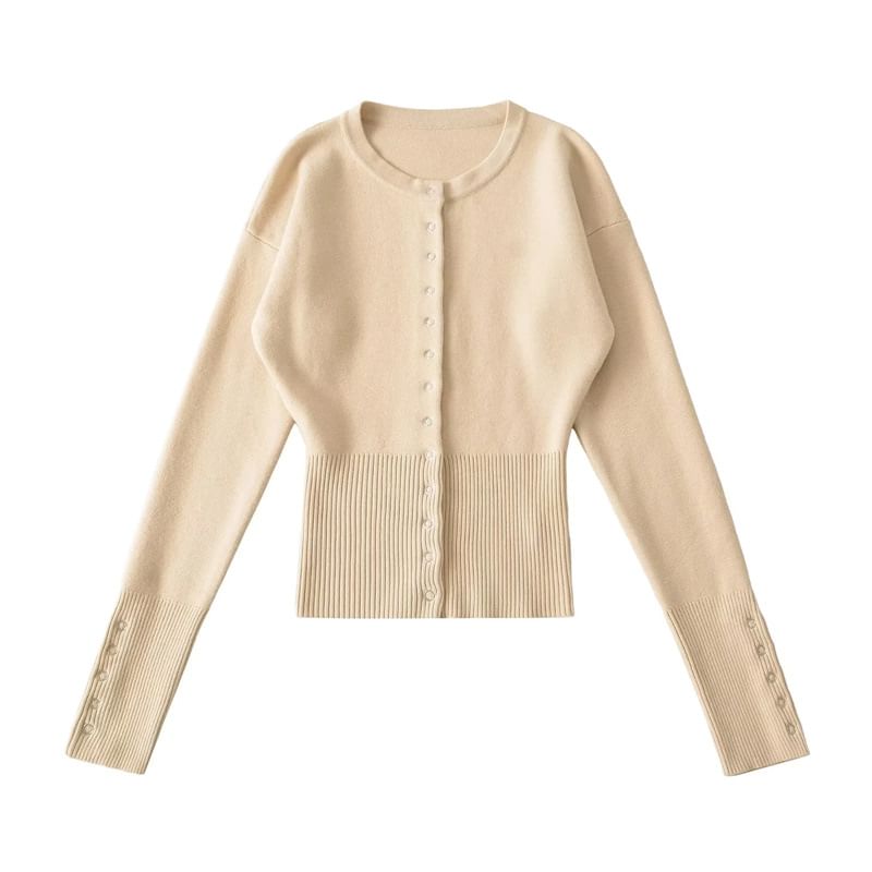 Crew Neck Button-Up Plain Cardigan