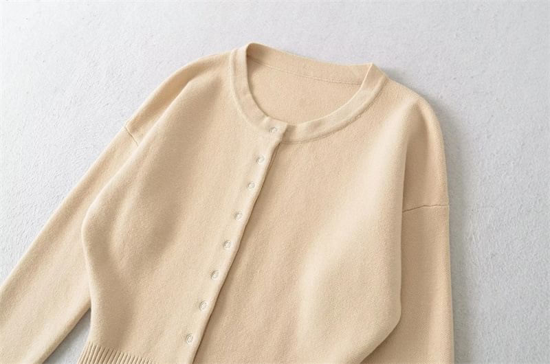 Crew Neck Button-Up Plain Cardigan