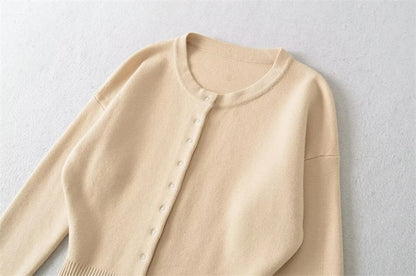 Crew Neck Button-Up Plain Cardigan