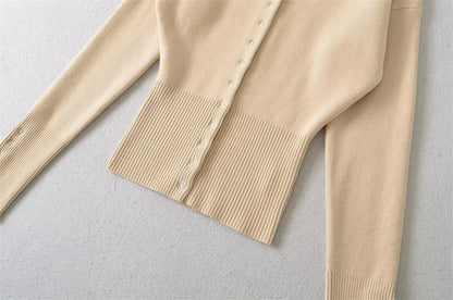 Crew Neck Button-Up Plain Cardigan