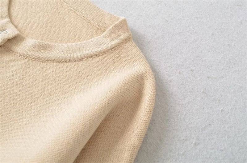 Crew Neck Button-Up Plain Cardigan