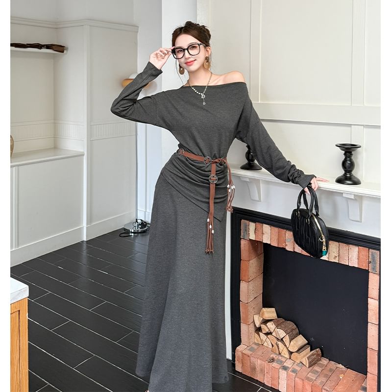 Off Shoulder Plain Tee & High Rise Maxi A-Line Skirt Set